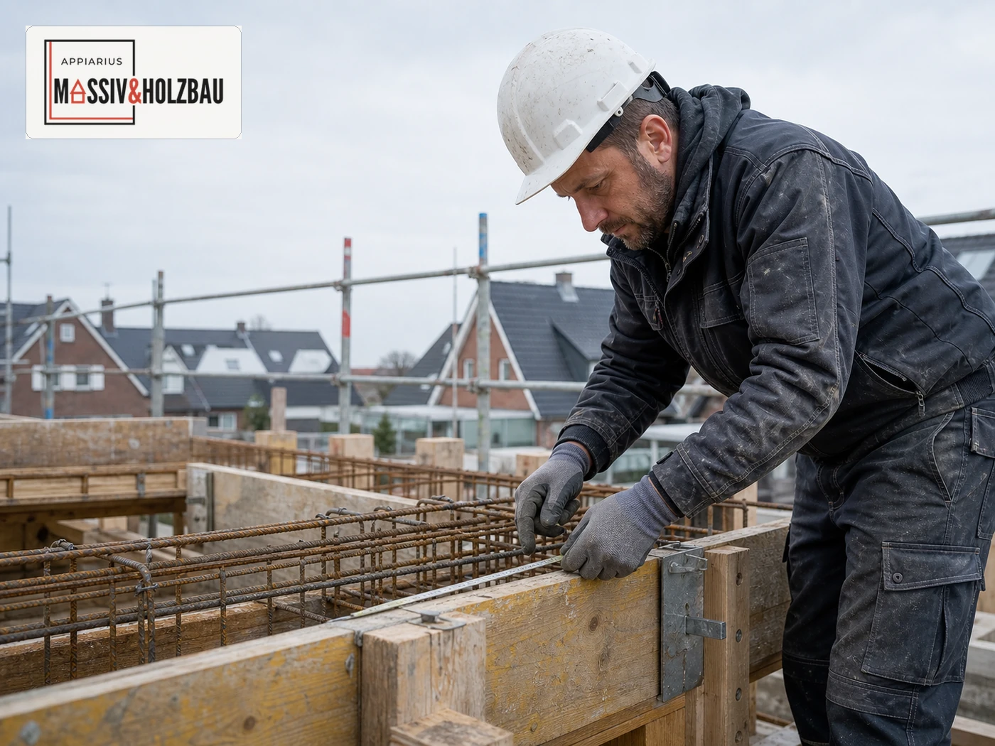 Beton- und Stahlbetonbauer prüft Bewehrung und Schalung mit dem Logo von Appiarius Massiv- und Holzbau