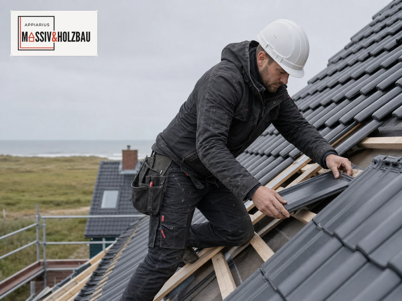 Dachdecker montiert Dachziegel auf einem Steildach mit dem Logo von Appiarius Massiv- und Holzbau