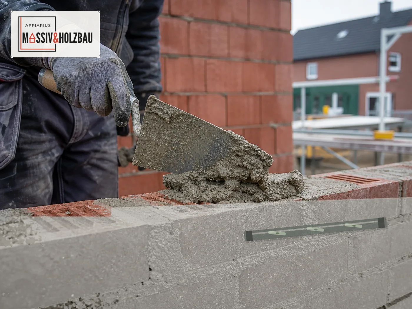 Maurer arbeitet an einer Klinkerwand mit dem Logo von Appiarius Massiv- und Holzbau