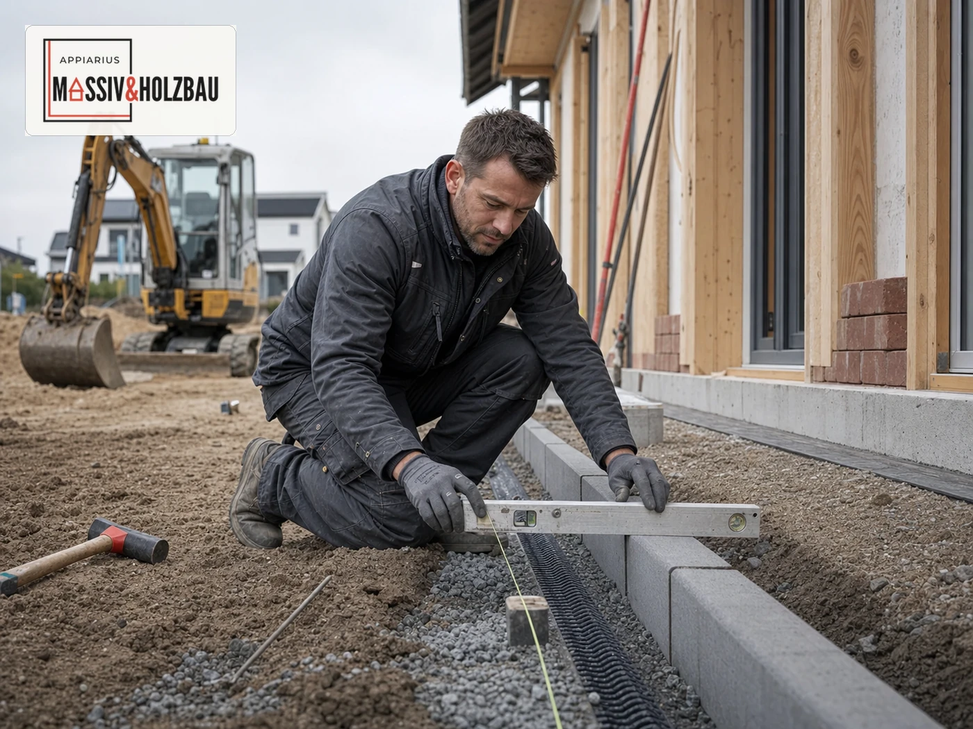 Garten- und Landschaftsbauer setzt als Quereinsteiger Randsteine mit dem Logo von Appiarius Massiv- und Holzbau