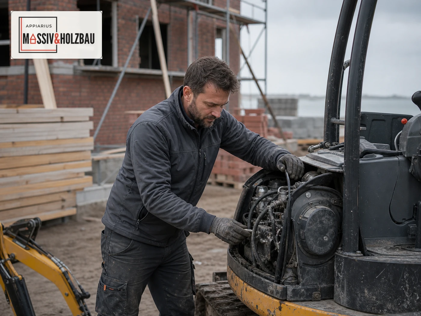 Kfz-Mechatroniker prüft als Quereinsteiger eine Baumaschine mit dem Logo von Appiarius Massiv- und Holzbau