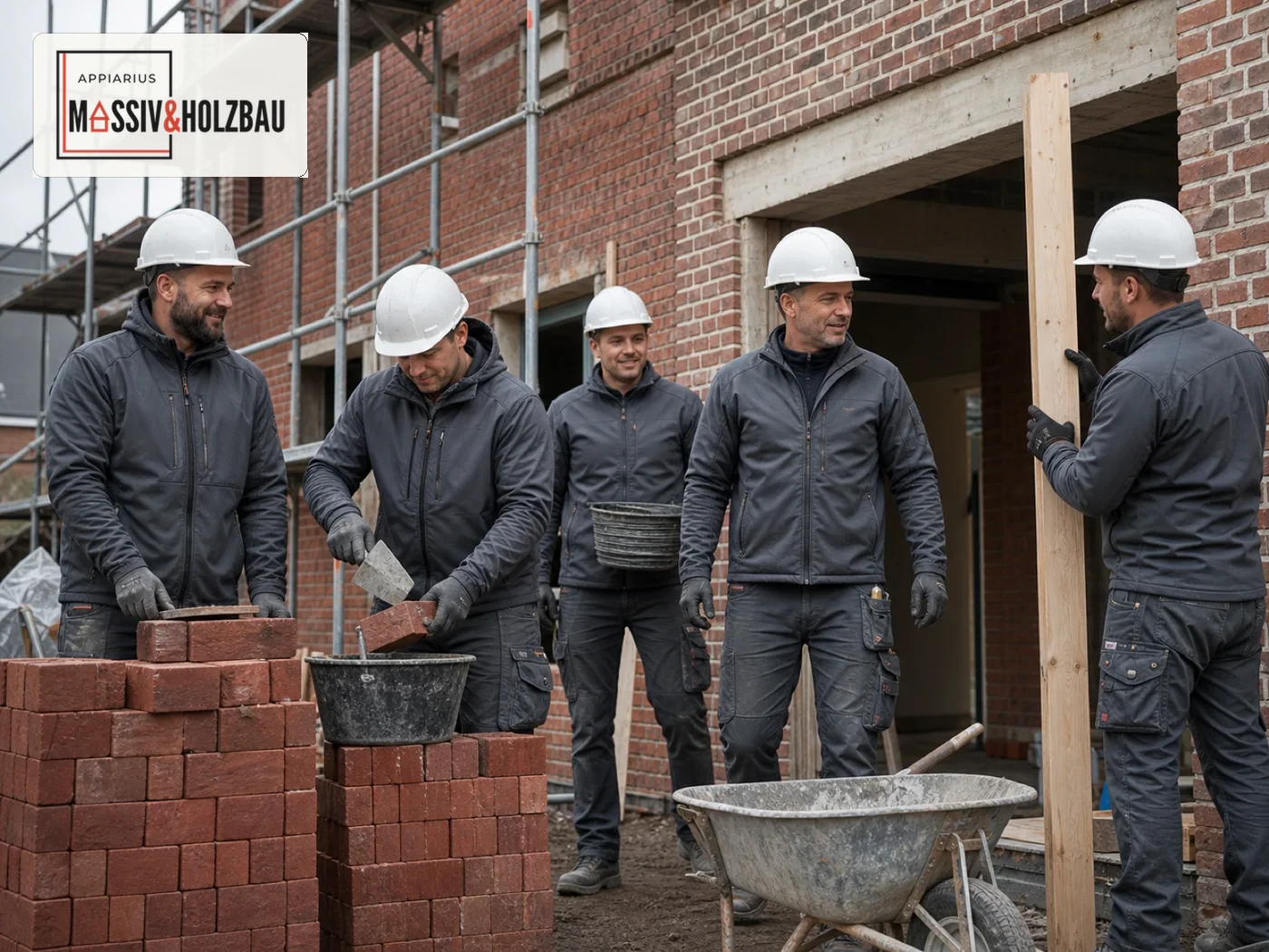 Bauhandwerker im Team auf einer Klinkerbaustelle mit dem Logo von Appiarius Massiv- und Holzbau