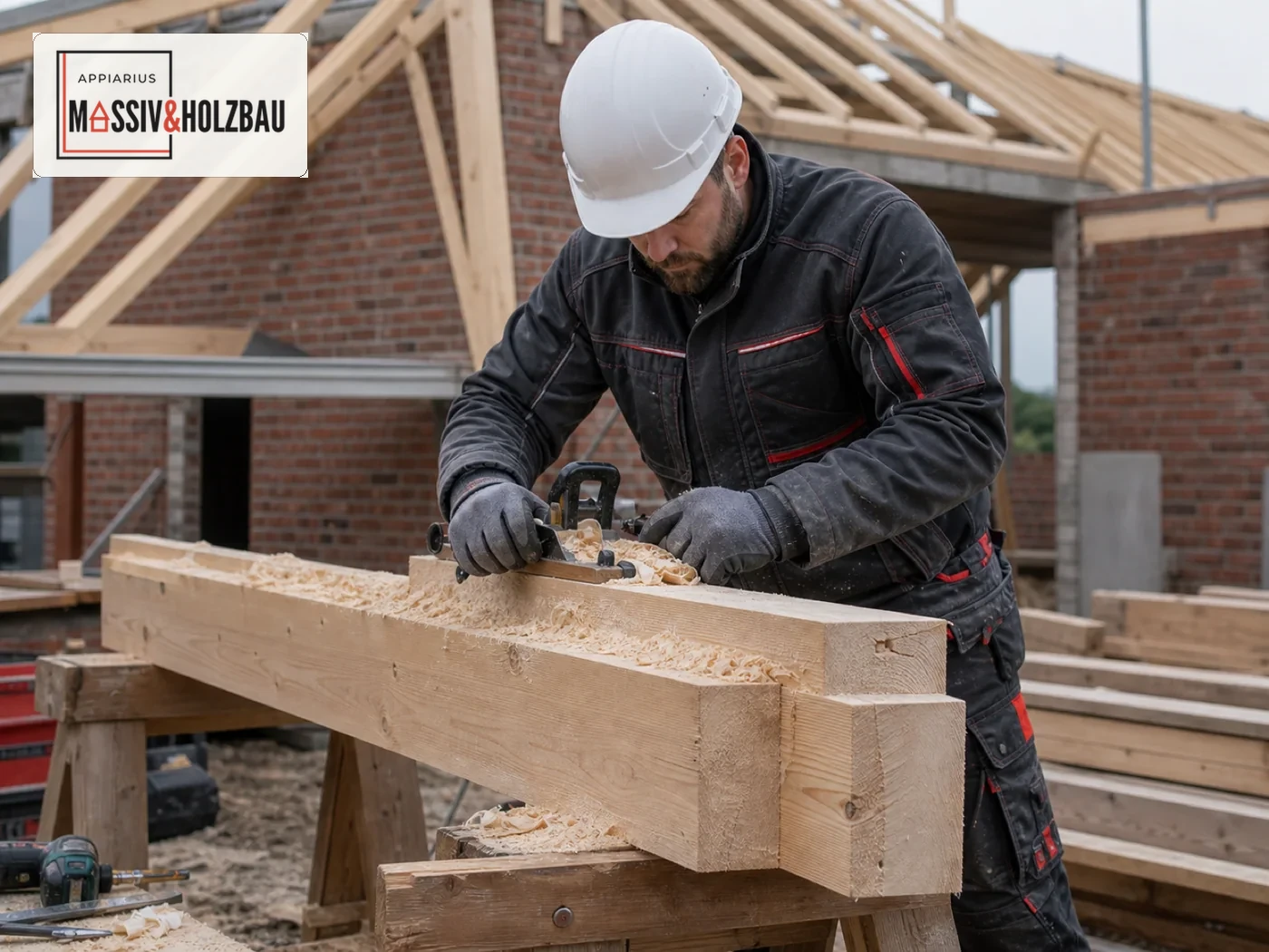 Zimmerer bearbeitet einen Holzbalken auf einer Baustelle mit dem Logo von Appiarius Massiv- und Holzbau