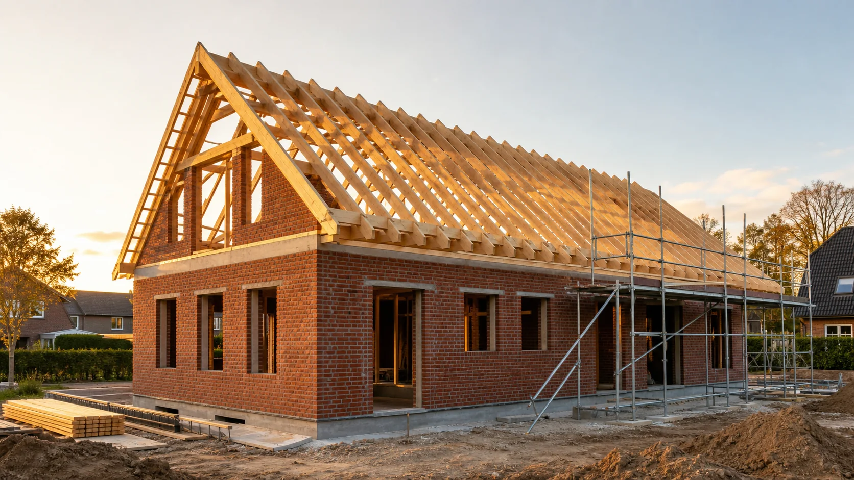 Norddeutscher Klinker-Rohbau mit neuem Holz-Dachstuhl im Abendlicht