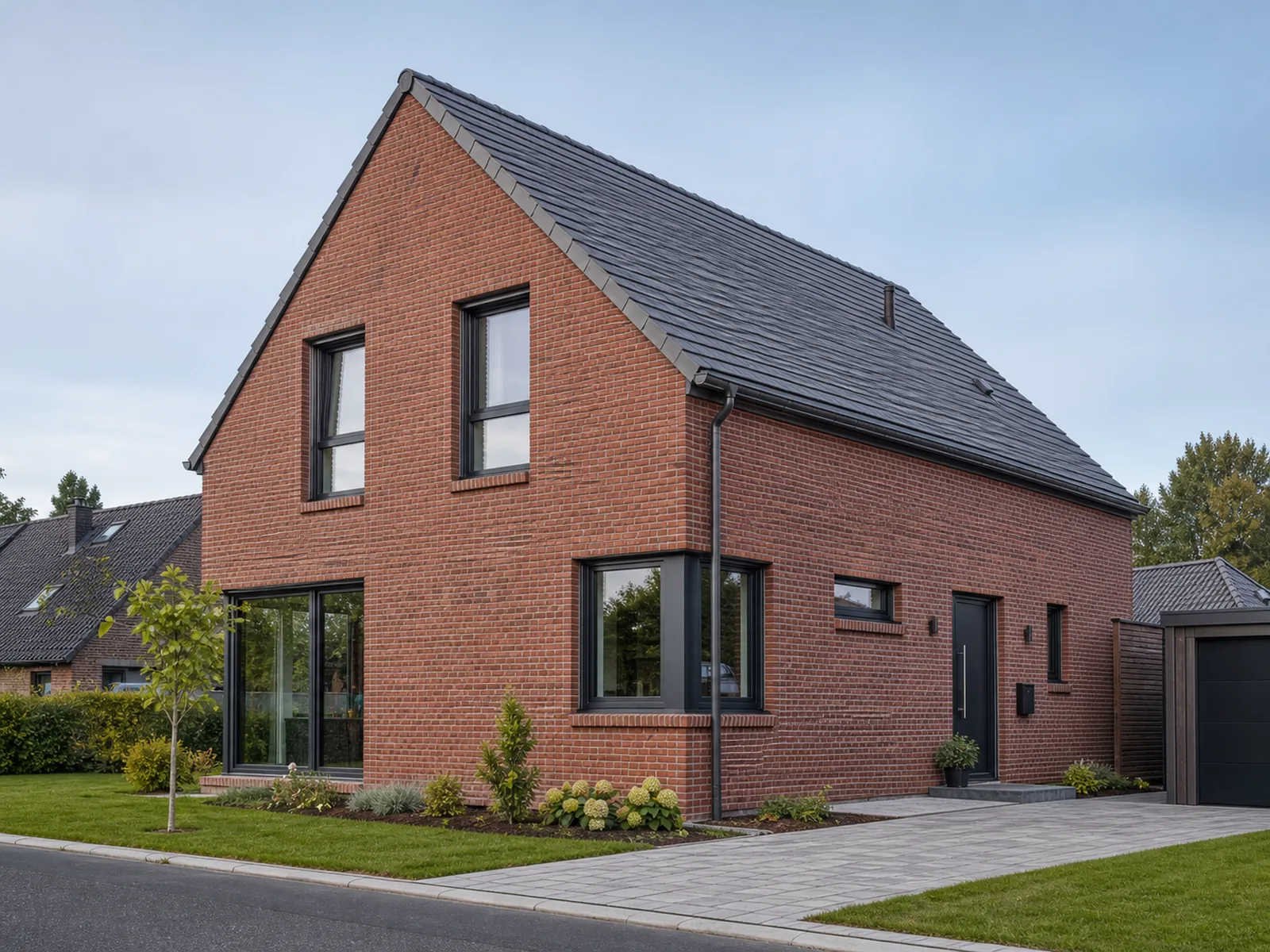 Fertiggestelltes Wohnhaus aus rotem Klinker, Massivbau im Norden